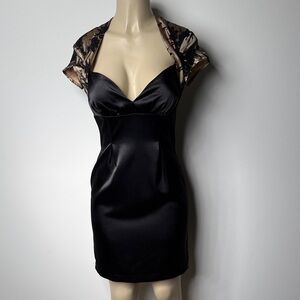 BCX Satin Black Mini Dress with Sheer Lace Sleeves